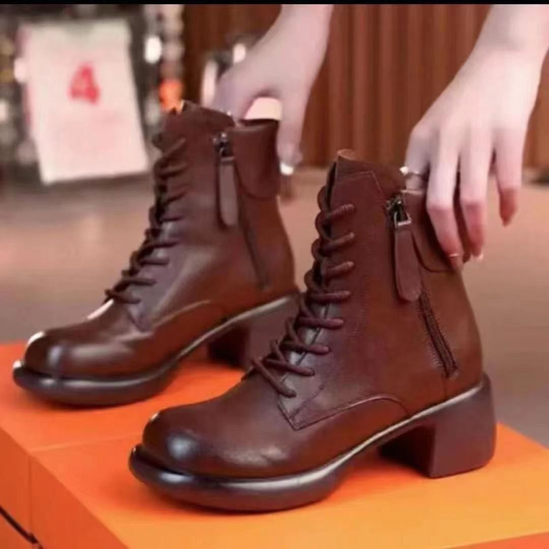 品牌断码真皮复古英伦风马丁靴女加绒粗跟妈妈鞋低跟舒适短靴女
