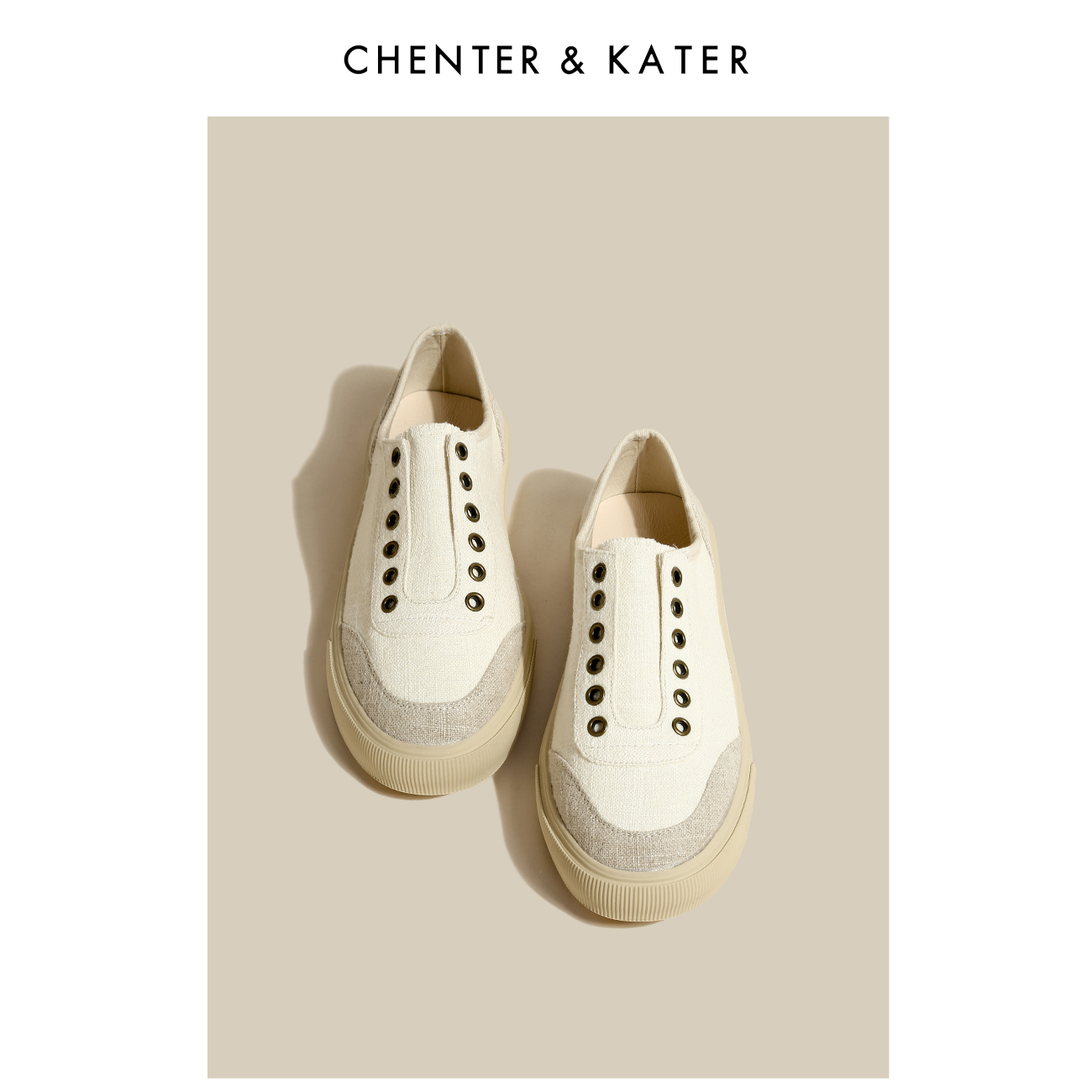CHENTER&KATER帆布鞋2023夏季新款套脚米色简约平底防滑帆布鞋女