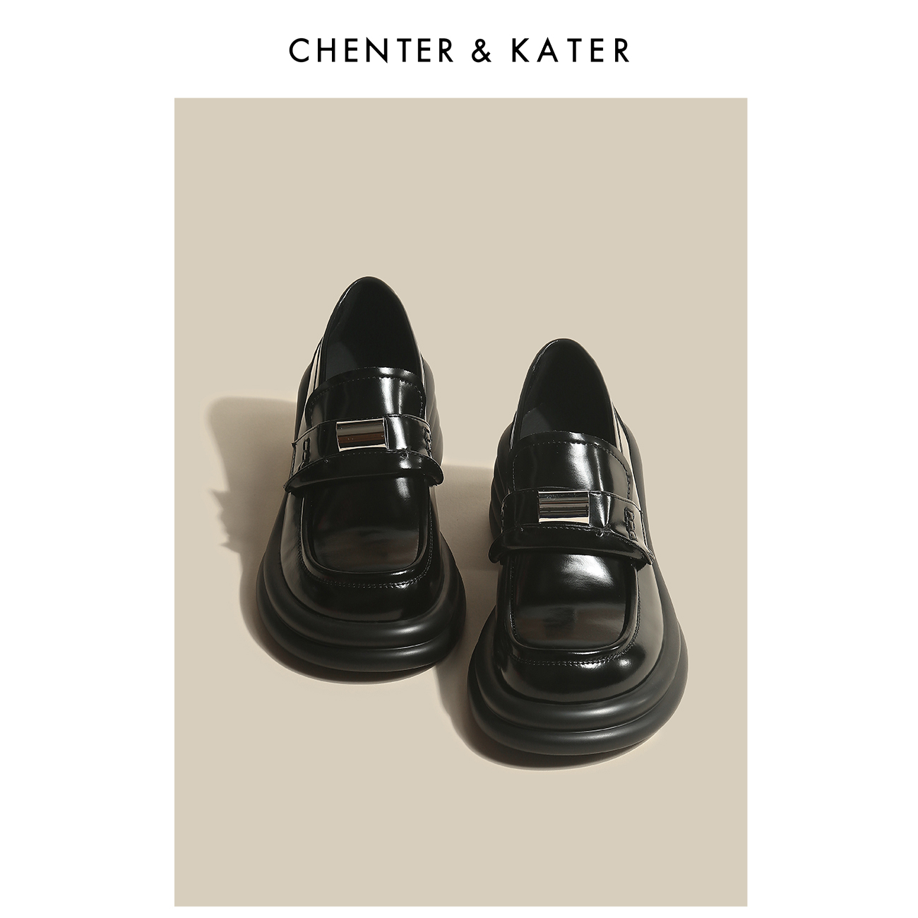 CHENTER&KATER单鞋 2023秋季新款英伦风金属装饰圆头粗跟乐福鞋女
