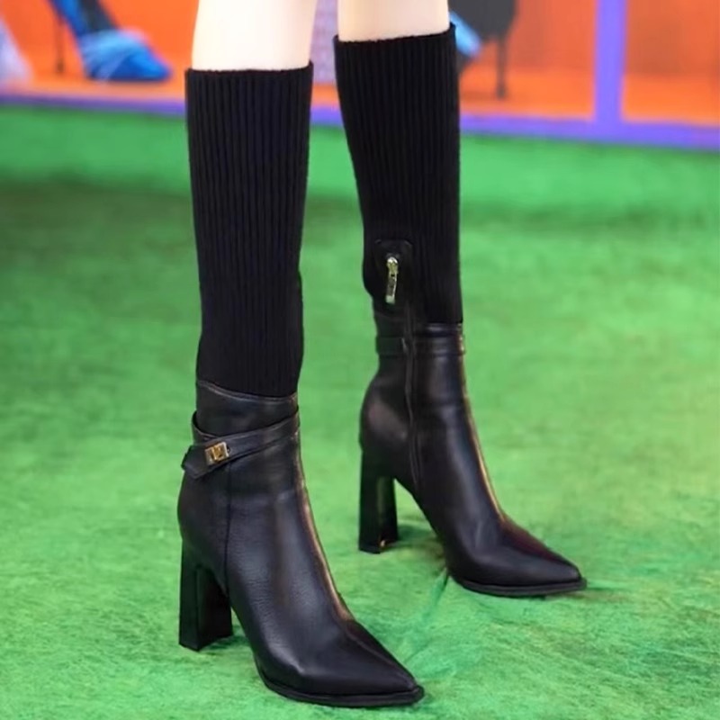 雪地意尔康针织弹力袜靴高筒瘦瘦靴女秋冬款粗跟马丁靴不过膝长靴