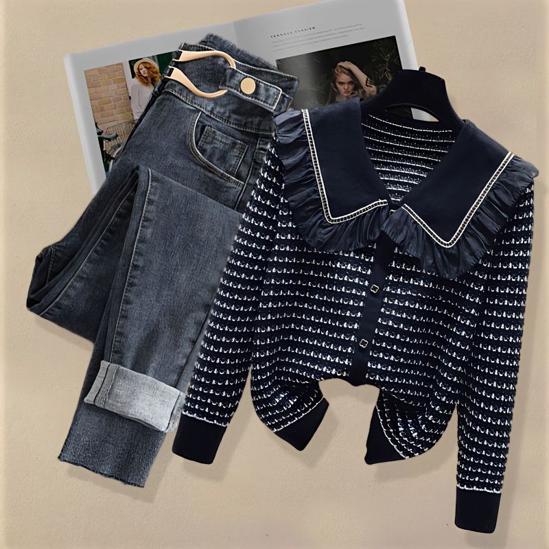 今年流行小香风娃娃领上衣显瘦牛仔裤两件套小个子春秋气质套装女