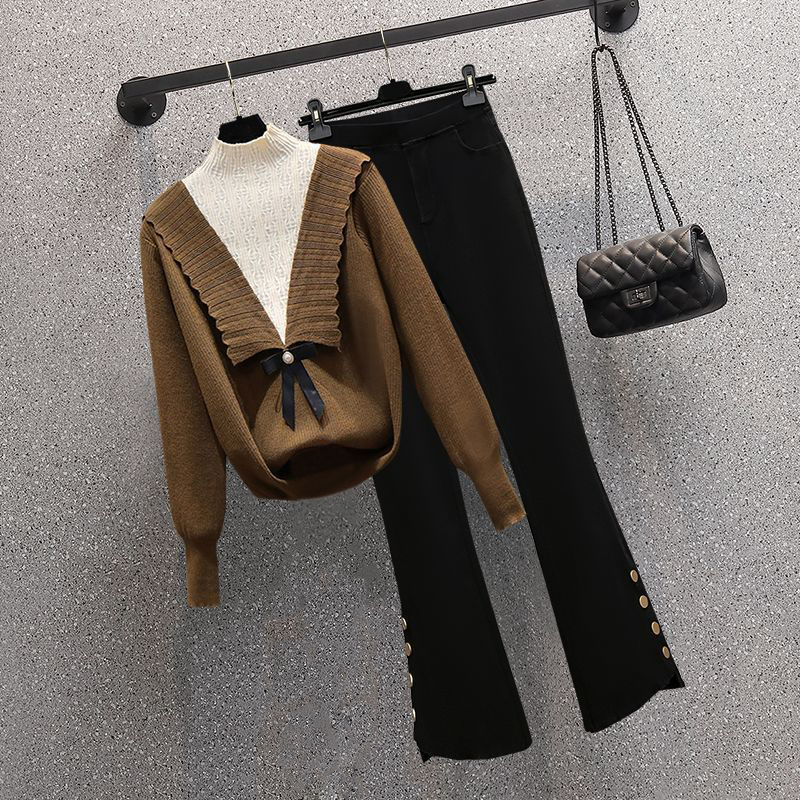 大码气质显瘦套装女秋冬洋气减龄遮肚半高领针织毛衣微喇裤两件套