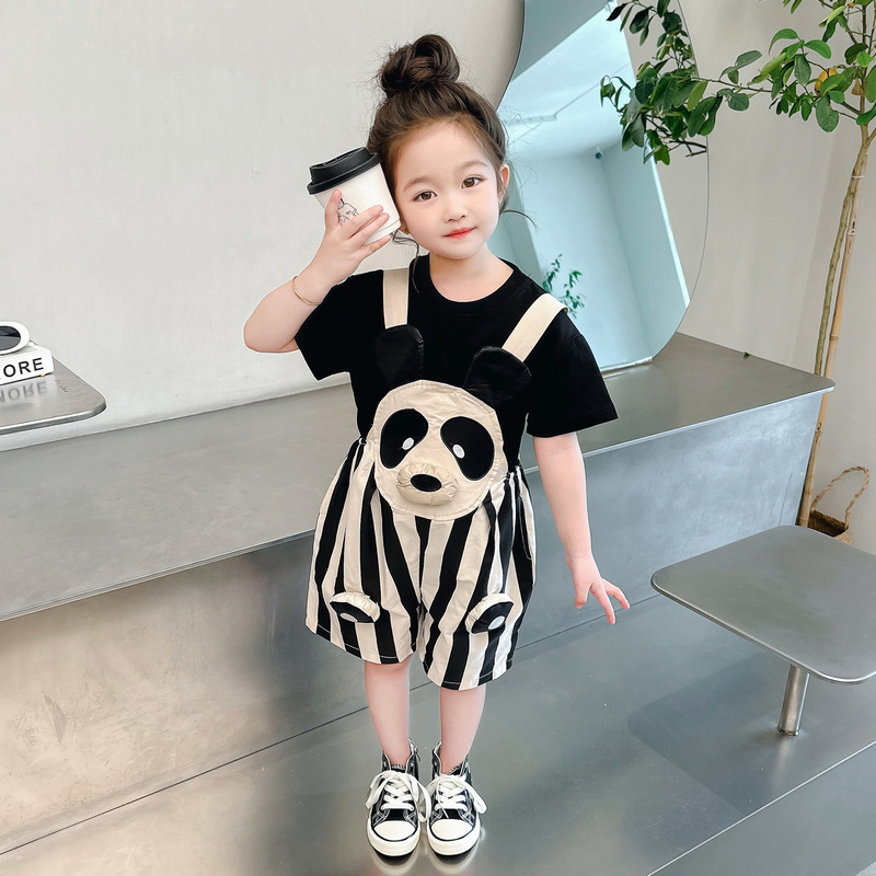 女童熊猫背带裤套装2024新款儿童夏装洋气时尚宝宝夏季卡通两件套