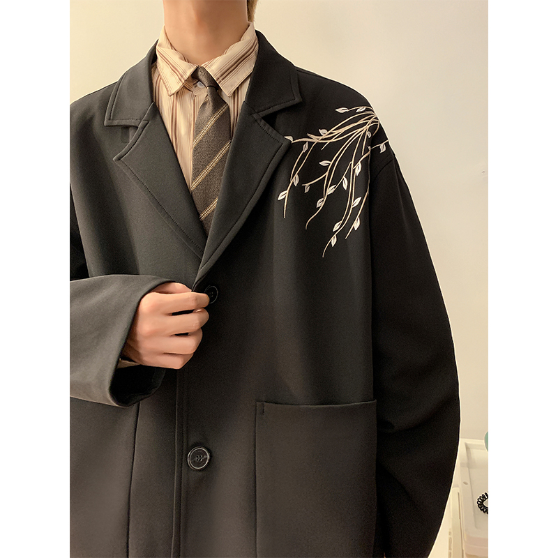 新中式刺绣西装外套男士轻熟风高级感戗驳领西服oversize休闲夹克