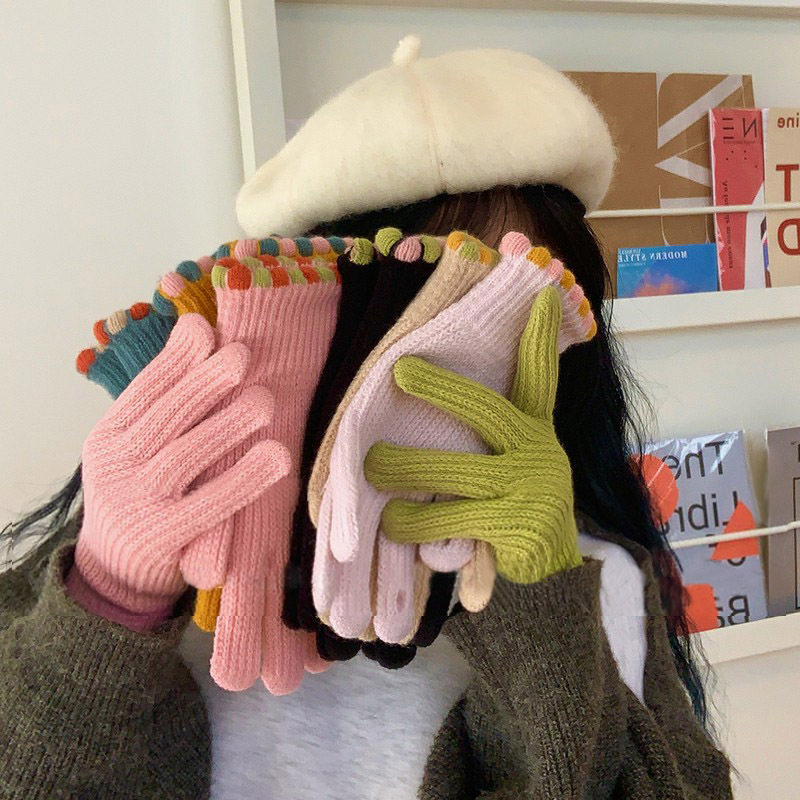 ins糖豆韩国毛线针织手套冬季女厚可触屏漏露手指头保暖五指骑车