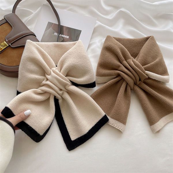 慵懒风小围巾女秋冬网红百搭针织保暖交叉拼色冬天围脖护颈椎网红