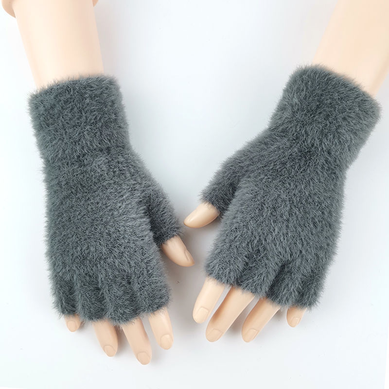 秋冬季半指保暖毛绒手套女加绒加厚仿貂毛可爱学生写字露半指手套