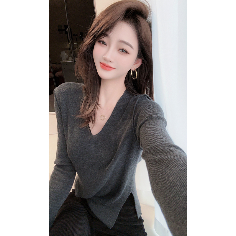 【陈.CHEN】设计感V领打底针织衫女式弹力长袖百搭