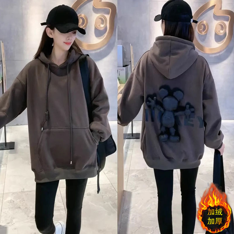 高含棉欧货时尚卡通米奇加绒连帽卫衣秋冬女装慵懒风中长字母上衣