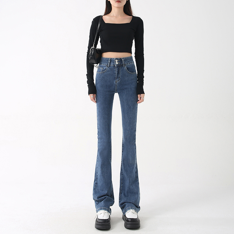 牛仔裤微喇裤女高腰春秋款双扣潮胖MM显瘦微喇叭百搭弹力秋季