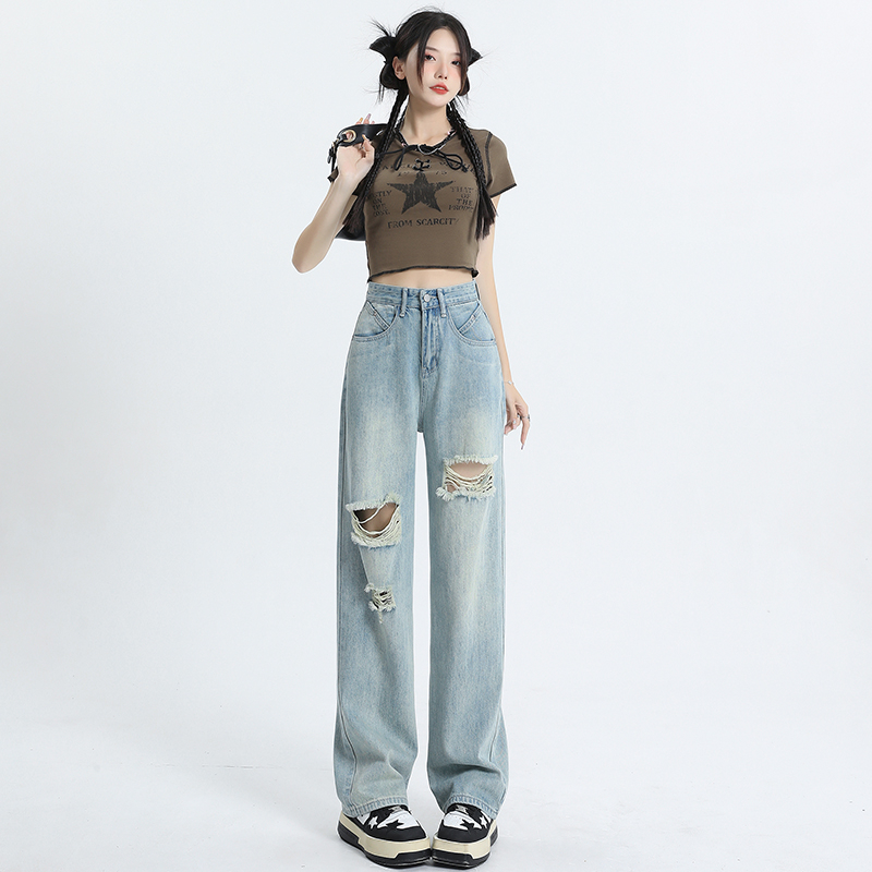 偶句秋款破洞牛仔裤女阔腿裤新款宽松显瘦高腰直筒垂感拖地裤子