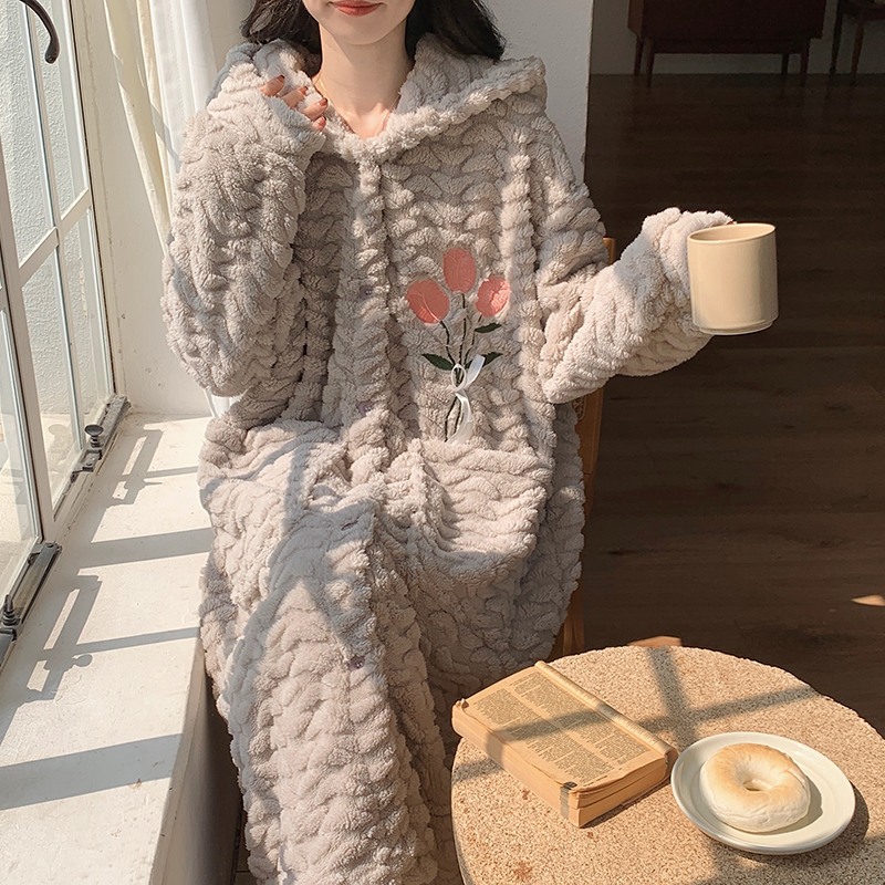 长袖睡裙女秋冬季珊瑚绒加绒加厚睡衣袍2023新款法兰绒冬天家居服