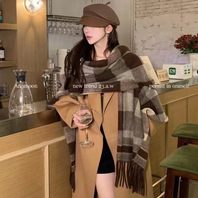【冷风中-焦糖】英伦时尚百搭经典格子披肩围脖双面秋冬季围巾围脖