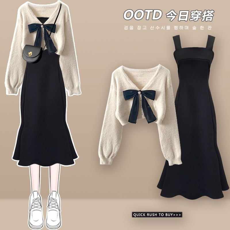 冬季套装女2023新款穿搭减龄短款针织毛衣女气质显瘦连衣裙两件套