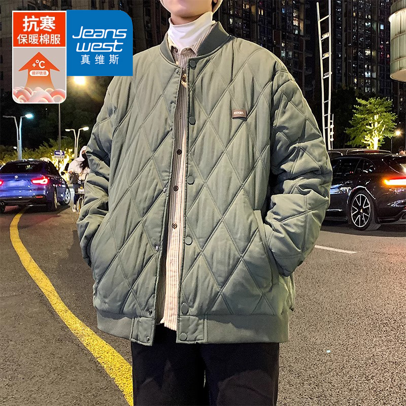 Jeanswest/真维斯冬季男装菱格宽松休闲潮户外加厚保暖棒球领棉服