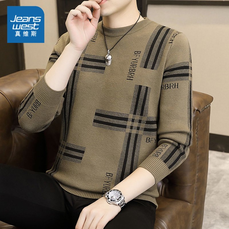Jeanswest/真维斯保暖软糯圆领毛衣秋冬季加绒加厚男士打底针织衫