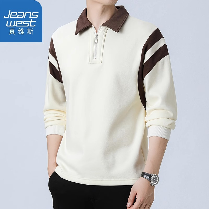 Jeanswest/真维斯翻领男士卫衣秋冬季宽松时尚百搭休闲上衣长袖