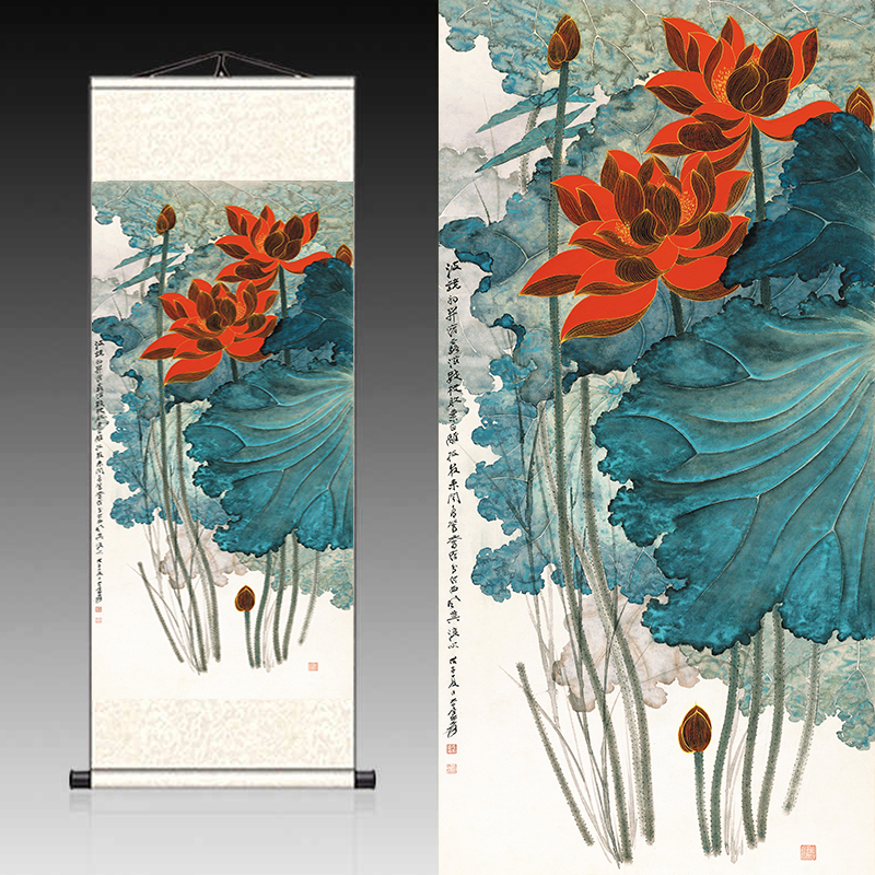 《金线荷花》-张大千竖幅花鸟画玄关画客厅风水画