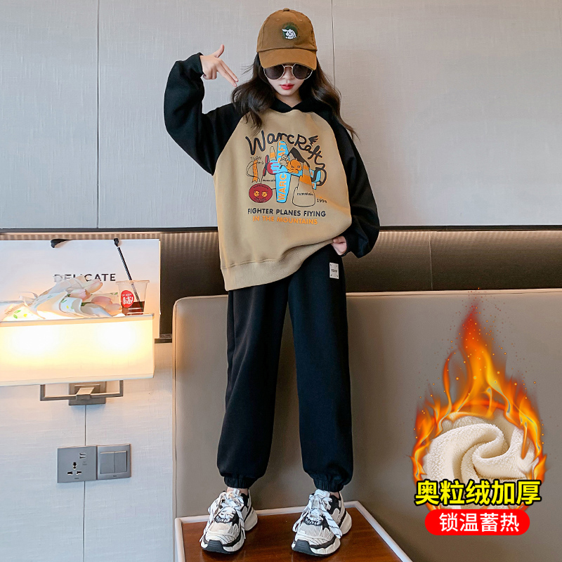 女童加绒套装2023新款6-12岁15岁中大童休闲运动小女孩洋气秋冬款