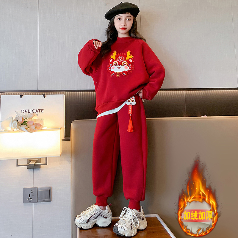 女童加绒套装6-12岁15岁中大童2023新款洋气红色小女孩加厚新年服