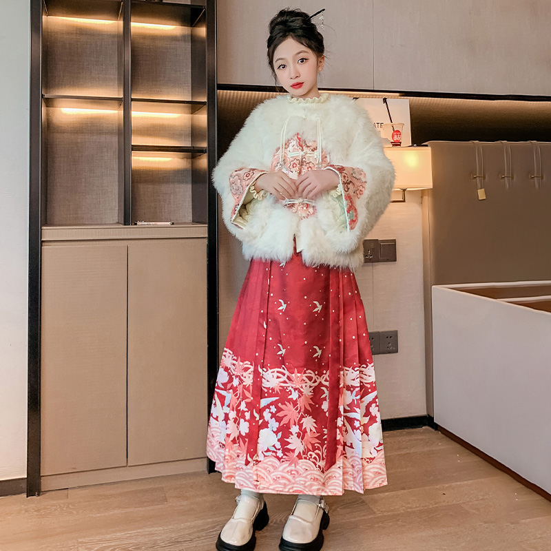女童马面裙套装爆款2023新款6-12岁小女孩表演服中国风唐装拜年服