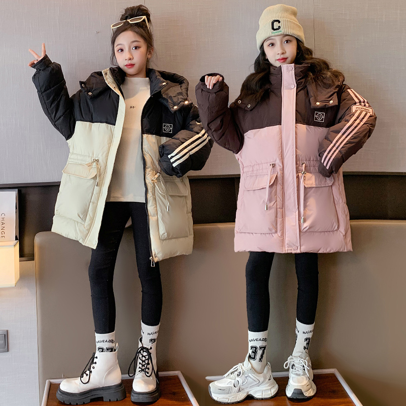 女童棉服中长款冬装2023新款洋气6-12岁15岁中大童加绒加厚棉衣袄