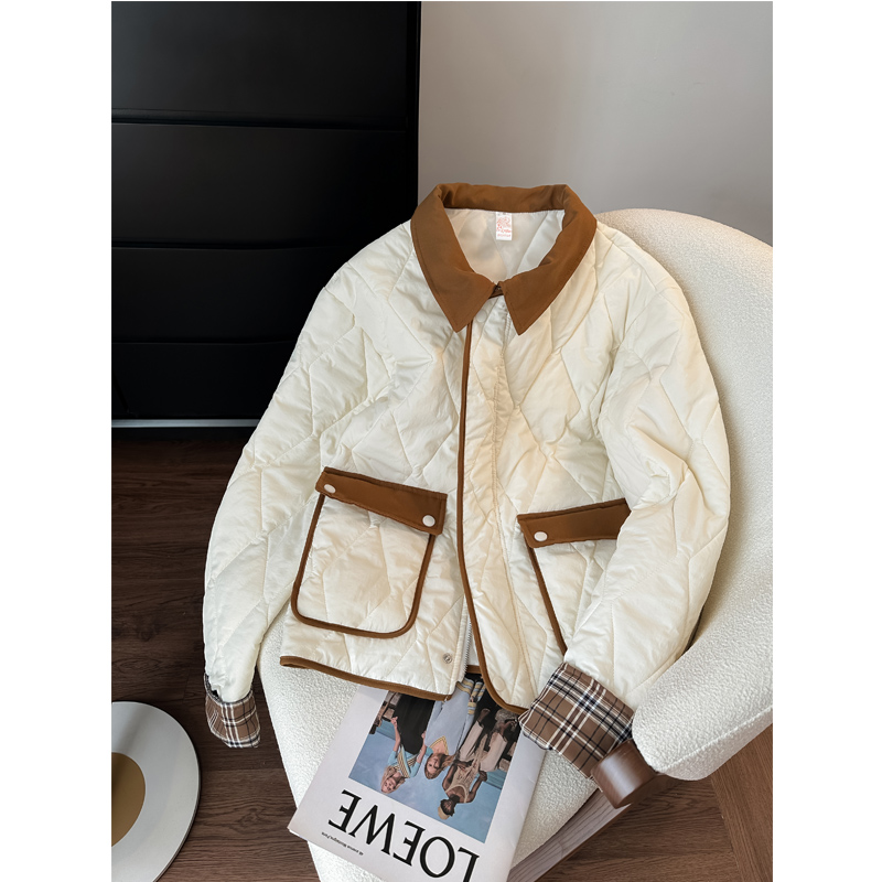 白色菱格polo领棉服女冬法式小香风撞色拼接韩系保暖加厚棉衣外套
