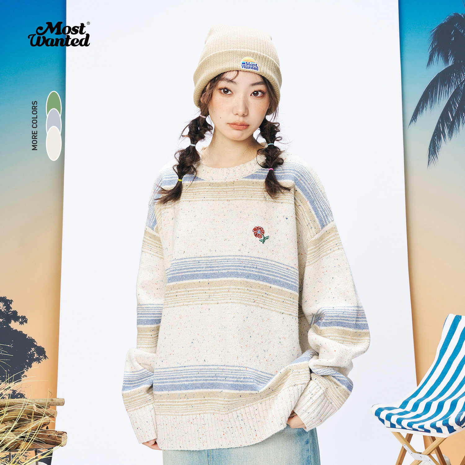 MOSTWANTEDLAB小花绣章条纹圆领毛衣MWL-2334038
