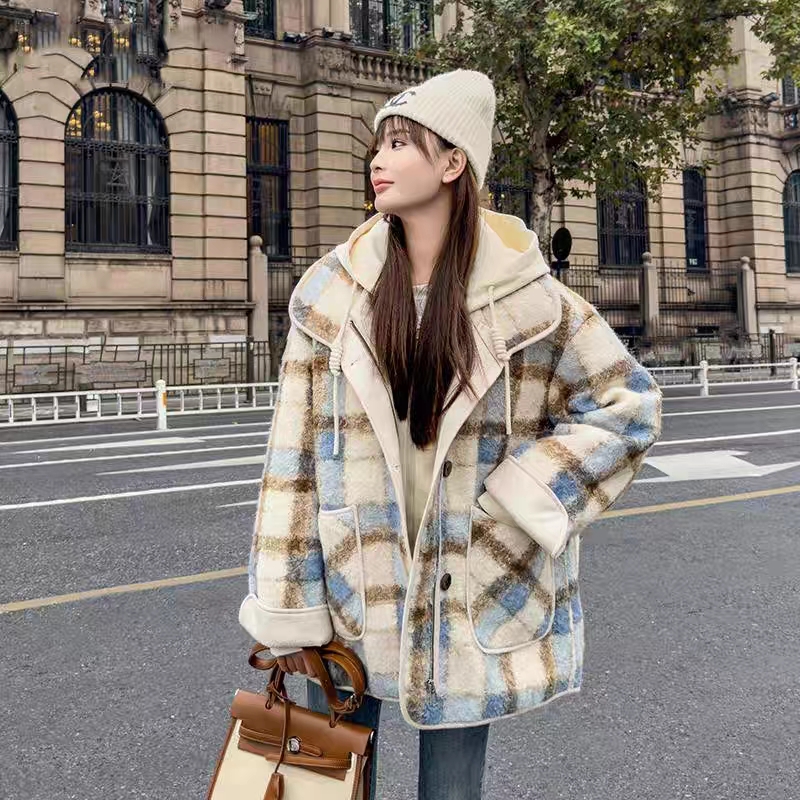 【傅傅专属】新款磨毛翻领格子拼接保暖百搭羽绒服#YRF1113