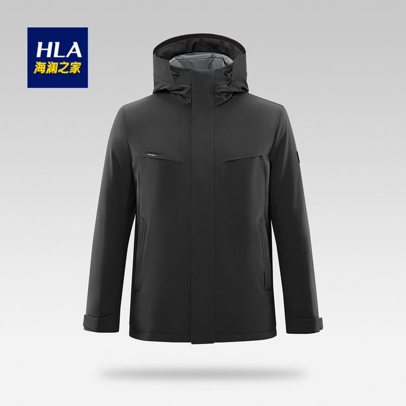 HLA/海澜之家秋冬新款基础休闲纯色抽绳连帽白鸭绒保暖羽绒服男