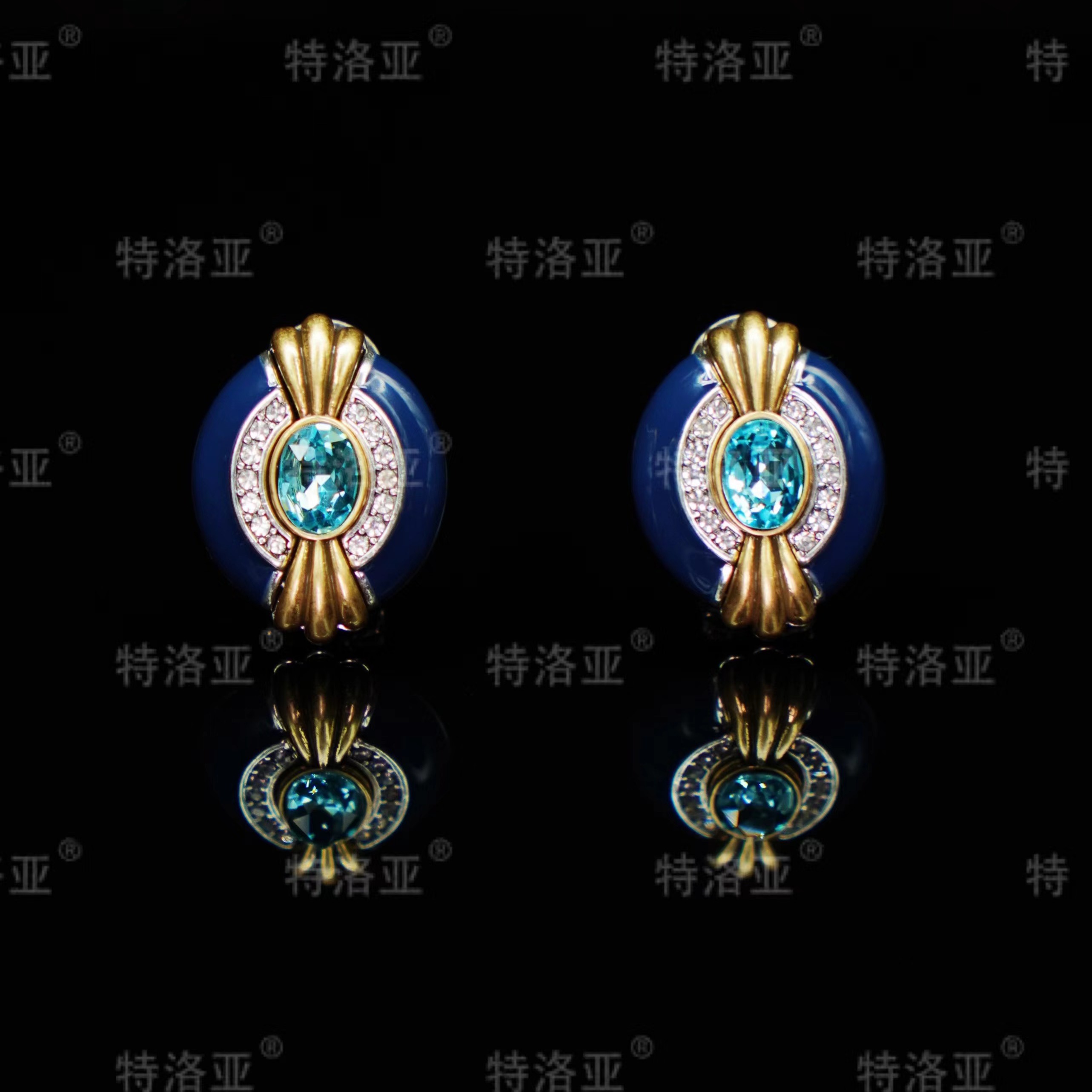 特洛亚 铜合金合成锆石耳饰 蓝色复古镶嵌气质金色简约 KK071