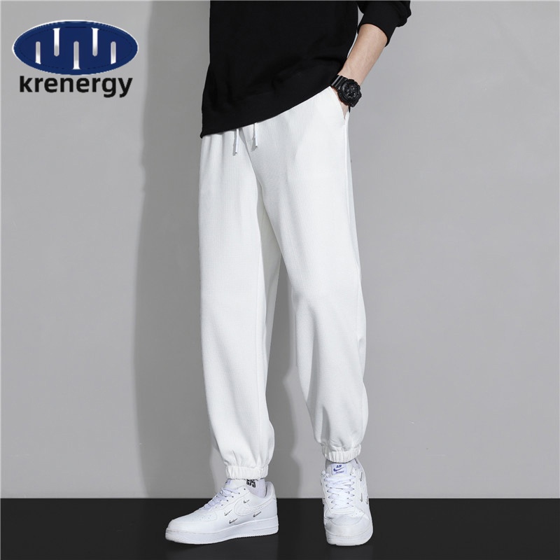 卫裤男秋冬季潮流华夫格加绒加厚九分束脚裤白色休闲秋冬长裤韩版