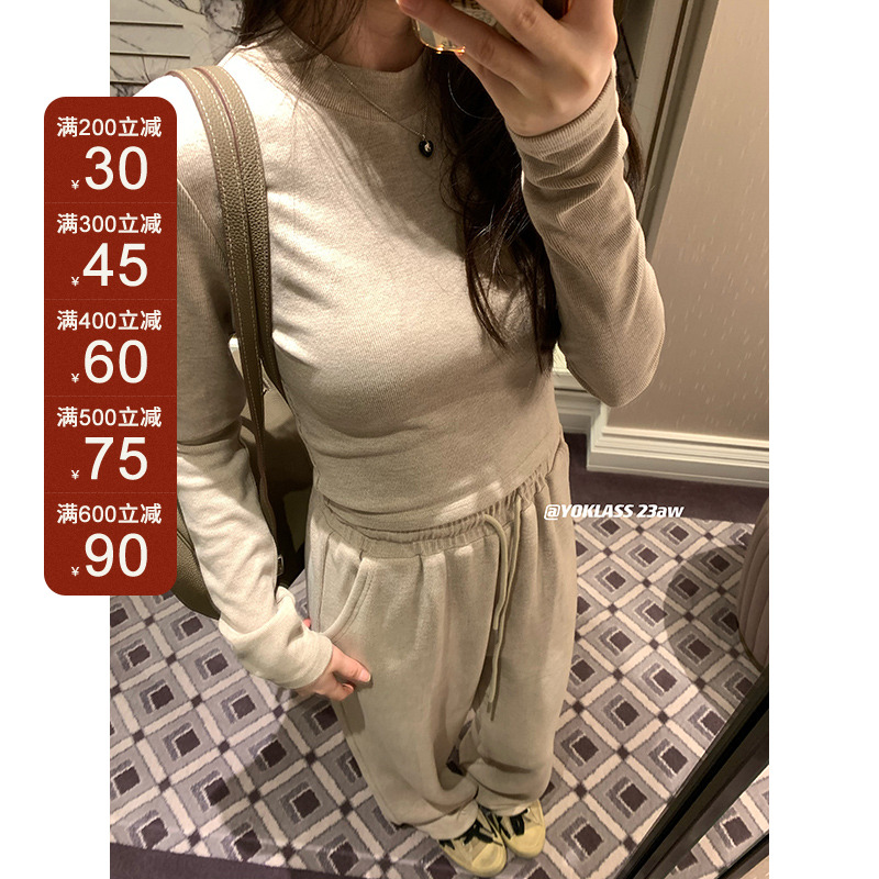 王少女的店【现现】浅卡其慵懒风秋冬季百搭T恤休闲裤套装S10462S34