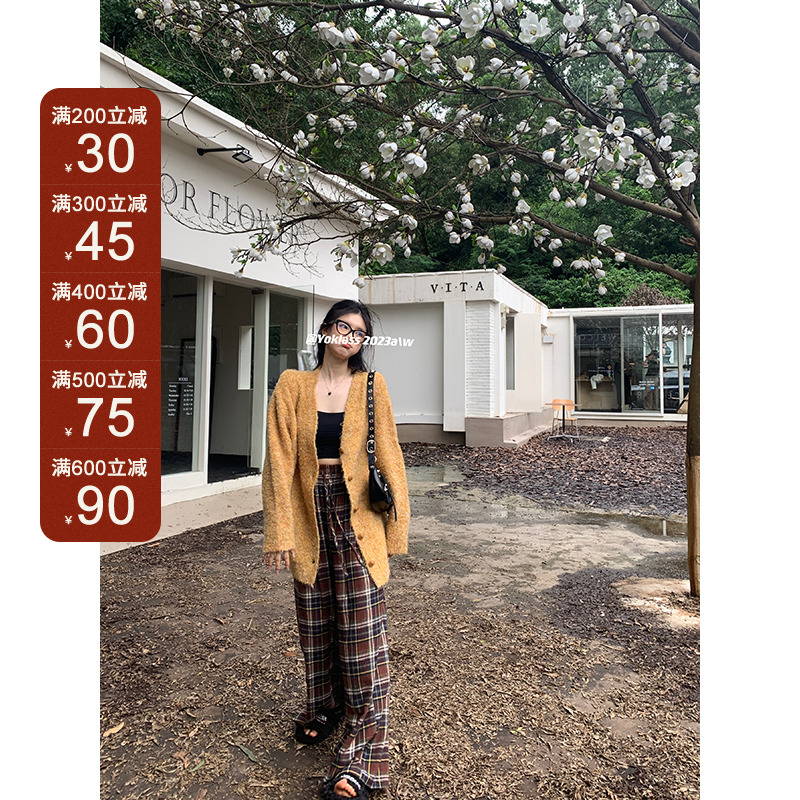 王少女的店【现现】黄色宽松慵懒风上衣秋冬季开衫毛衣 M09481S34