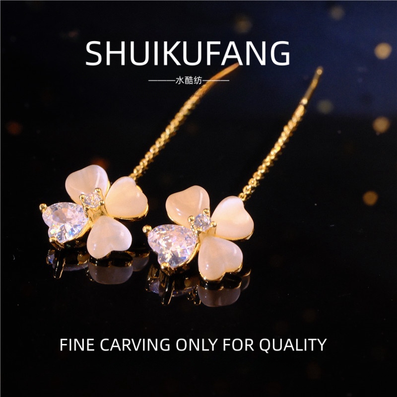 铜合金合成锆石耳饰 喵喵石幸运花流苏耳线F2084