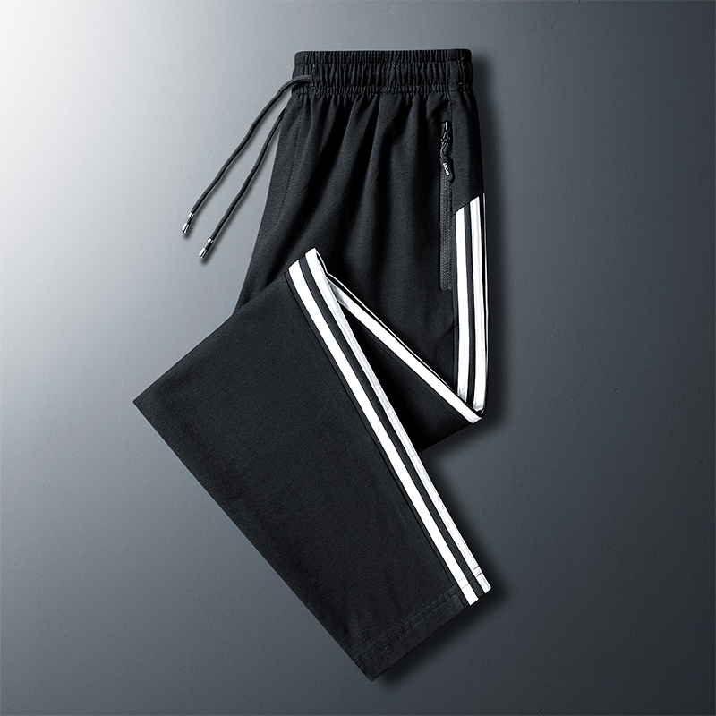 两条杠春秋冬季休闲运动裤男加绒加厚纯棉宽松大码直筒长裤校服裤