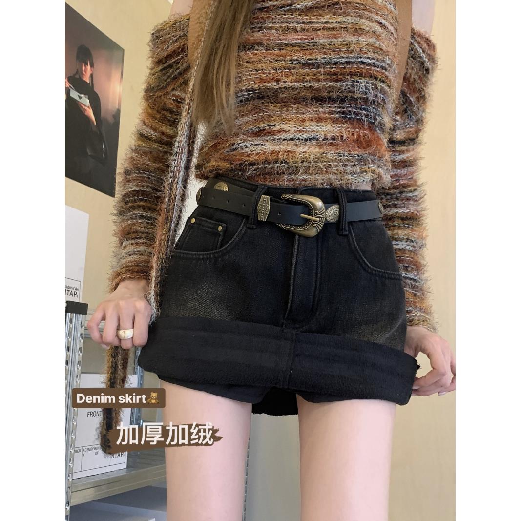 加绒加厚牛仔半身裙女秋冬季防走光裙裤黑色裙子高腰a字包臀短裙