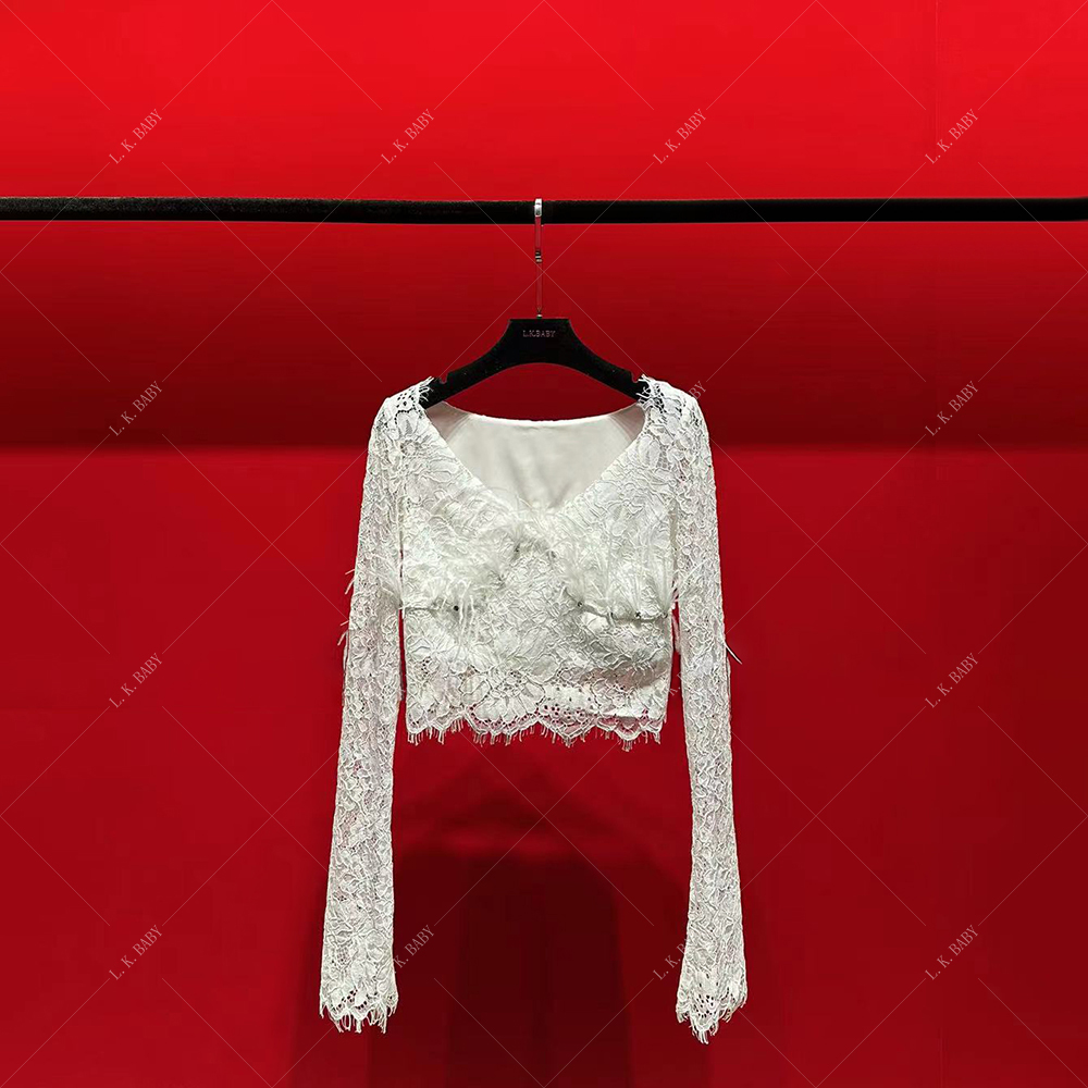 【L.K.BABY】蒙娜丽莎 气质纯欲性感羽毛春季镂空蕾丝衫长袖轻奢