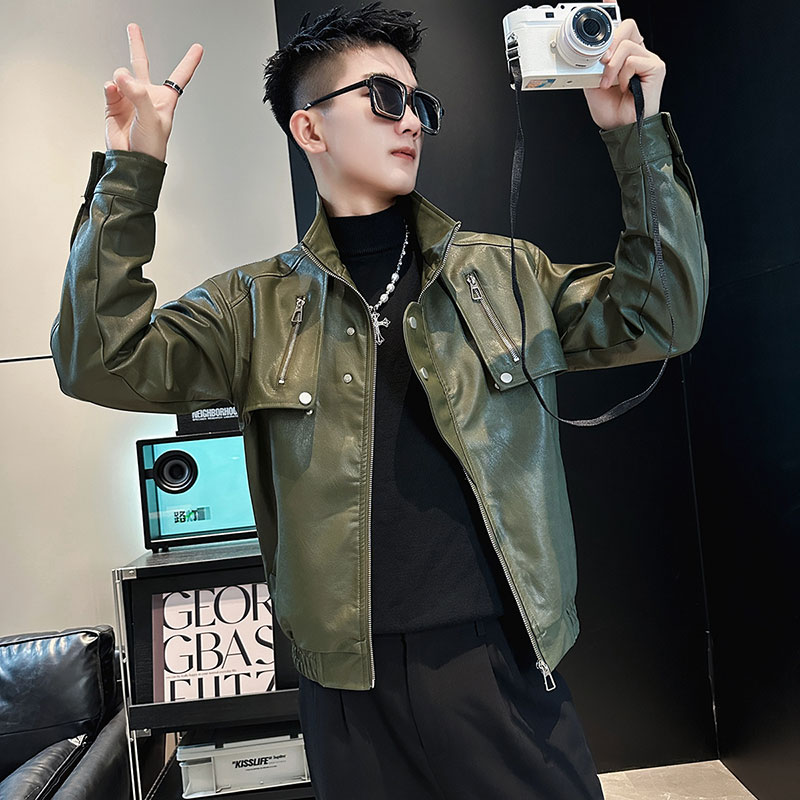 男士绿色皮衣外套春秋季机车服男装上衣2023新款潮牌痞帅气皮夹克