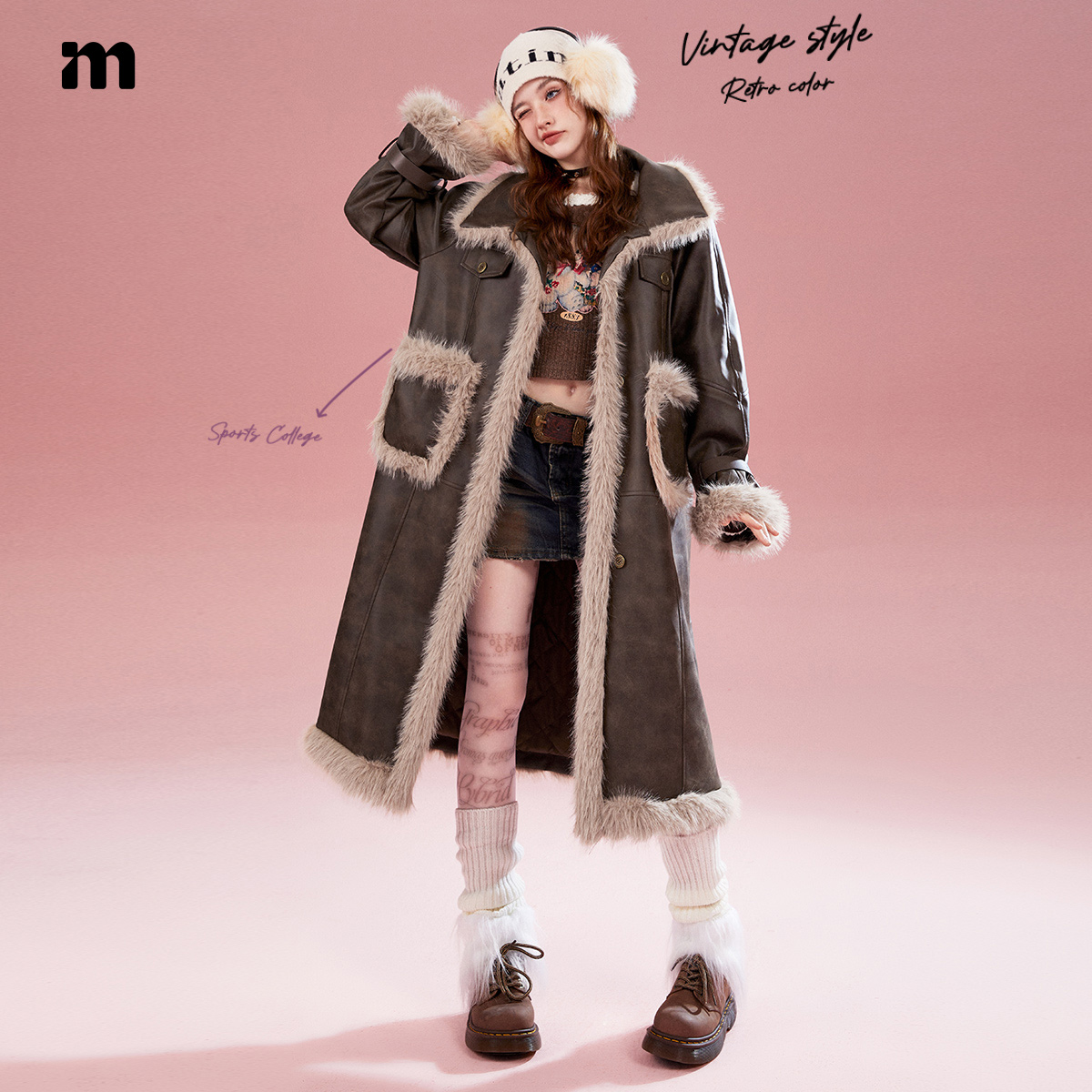 【小李朝专属】I'mone复古做旧高级感咖色长款仿皮毛一体外套DTW015