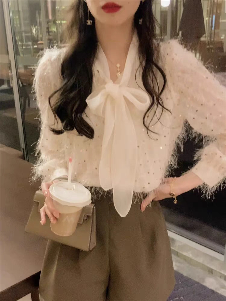 高级感法式小众亮片衬衫女新款设计感泡泡袖蝴蝶结流苏上衣女