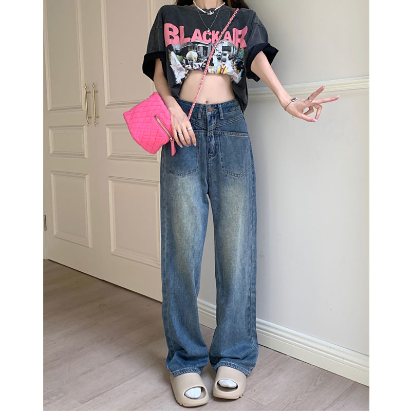 2022年春秋季复古水洗牛仔裤女大码胖MM宽松显瘦直筒裤拖地长裤子