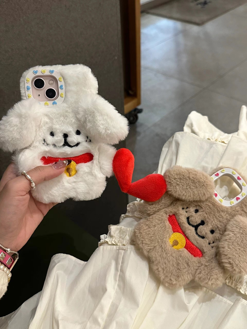 线条小狗爱心贴贴磁吸手机壳苹果手机壳iPhone毛绒手机壳