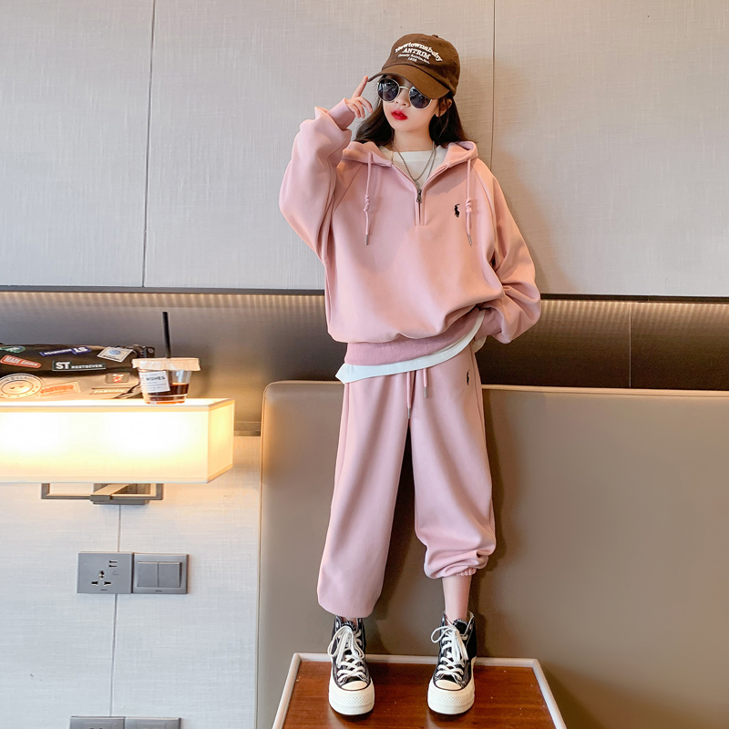 新款女童套装加绒加厚秋冬装卫衣中大童休闲Polo衫工装裤两件套潮