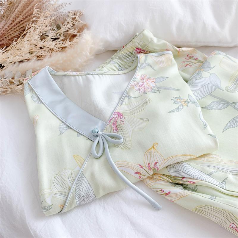 中式睡衣女春秋款清新百合贡缎棉绸中国风汉服家居服古风优雅套装