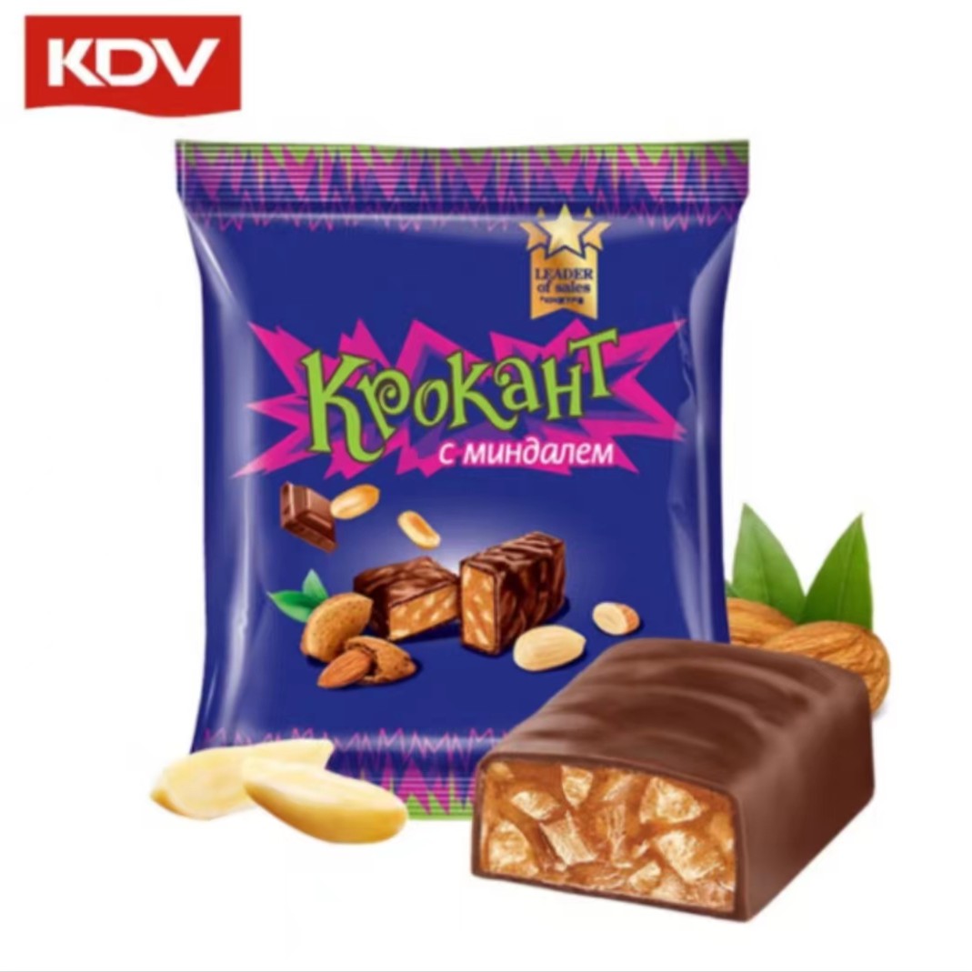 俄罗斯原装进口紫皮糖KDV花生扁桃仁夹心巧克力网红糖果