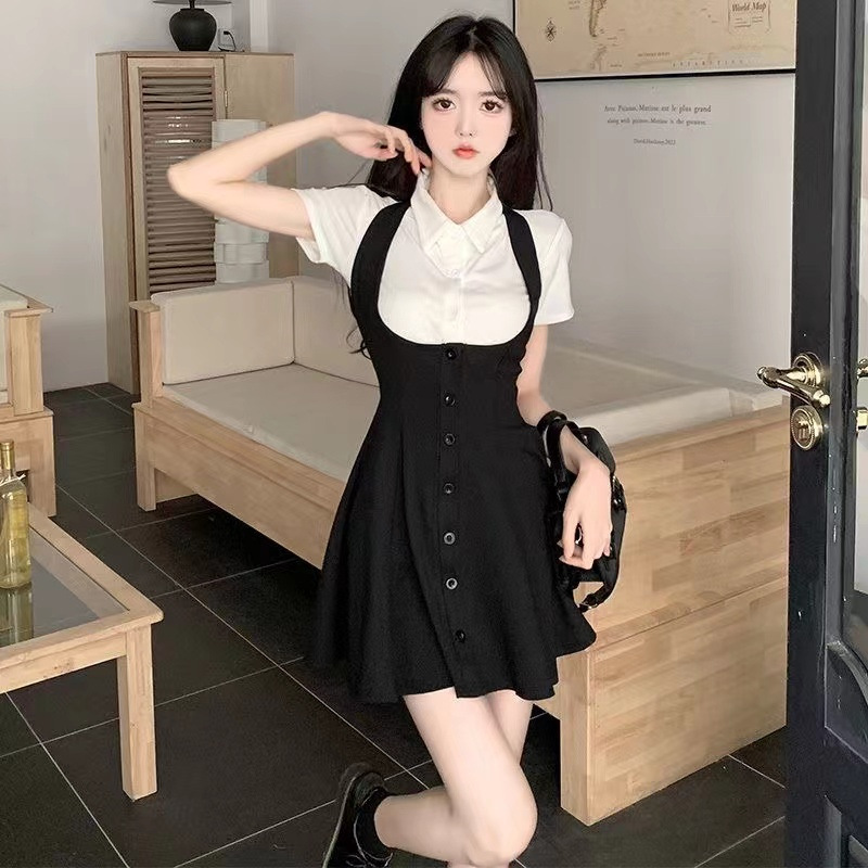 甜辣风背带连衣裙假两件短袖拼接Polo领洋气小个子辣妹纯欲少女裙
