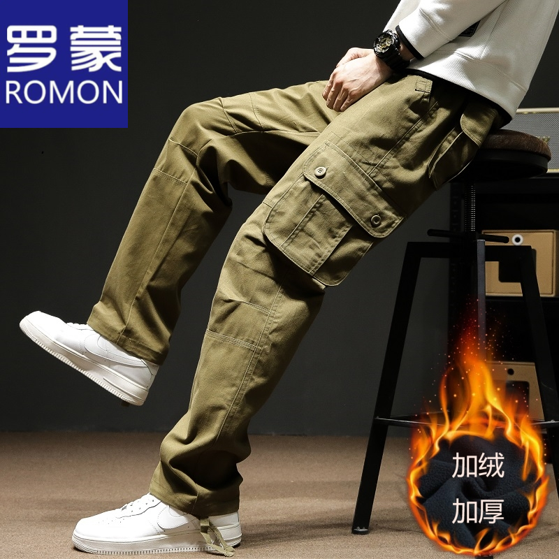 罗蒙冬季纯棉工装裤加绒加厚多口袋直筒长裤松紧腰宽松大码休闲裤