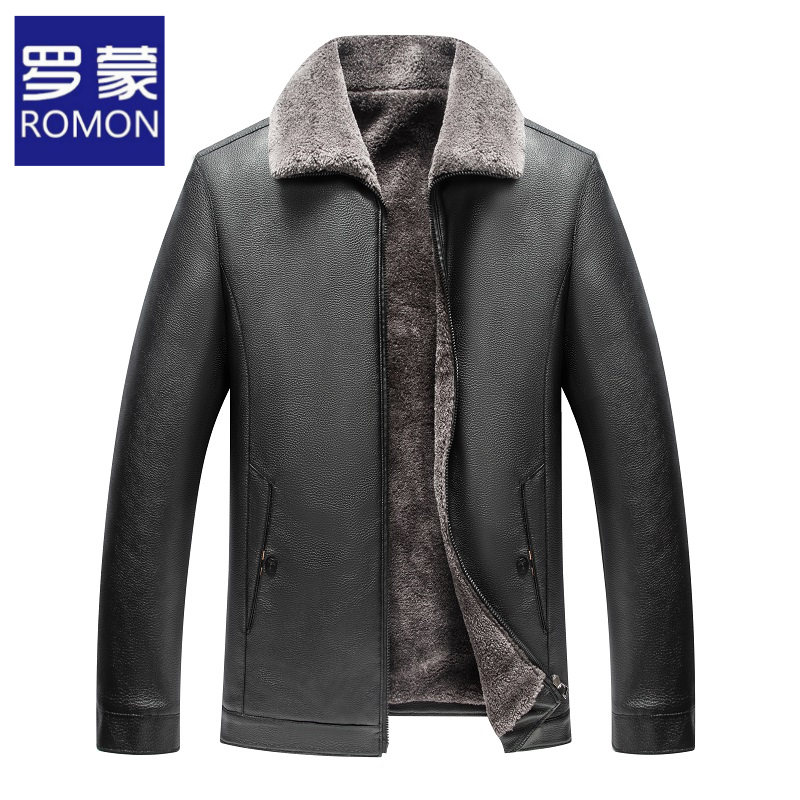 罗蒙秋冬男士皮衣外套男加绒毛领中老年装立领百搭休闲皮夹克男款