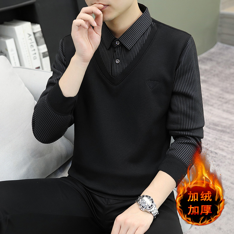 男士假两件衬衫2023秋冬季潮流休闲条纹针织衫毛衣男冬装帅气寸衫